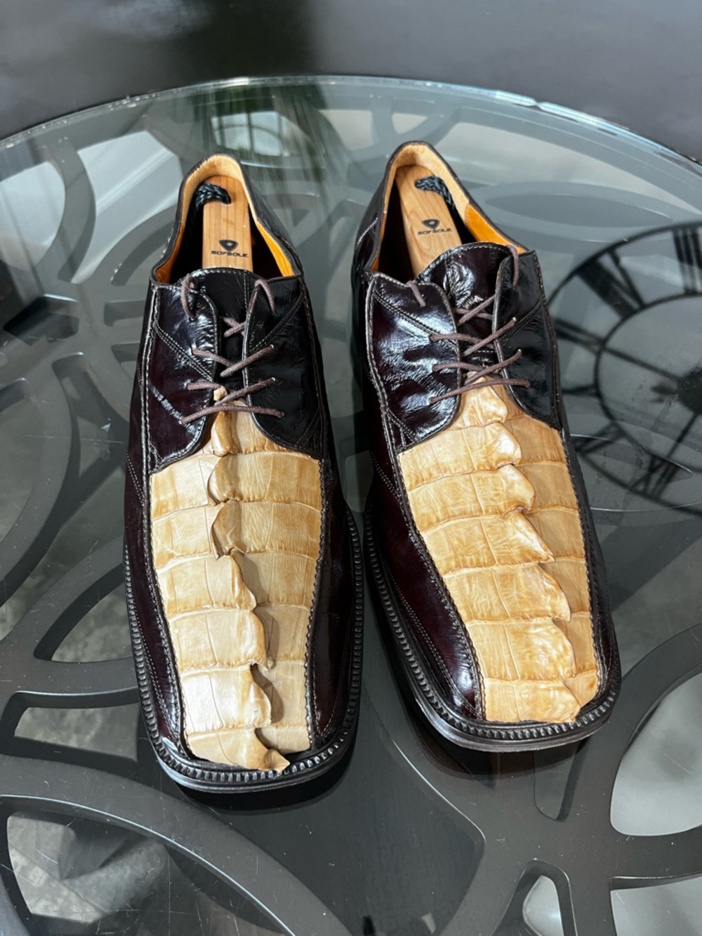 Romano Lucas Brown Hornback Crocodile Tail  Lace-Up Dress Shoes, Two-Tone Sz 12
